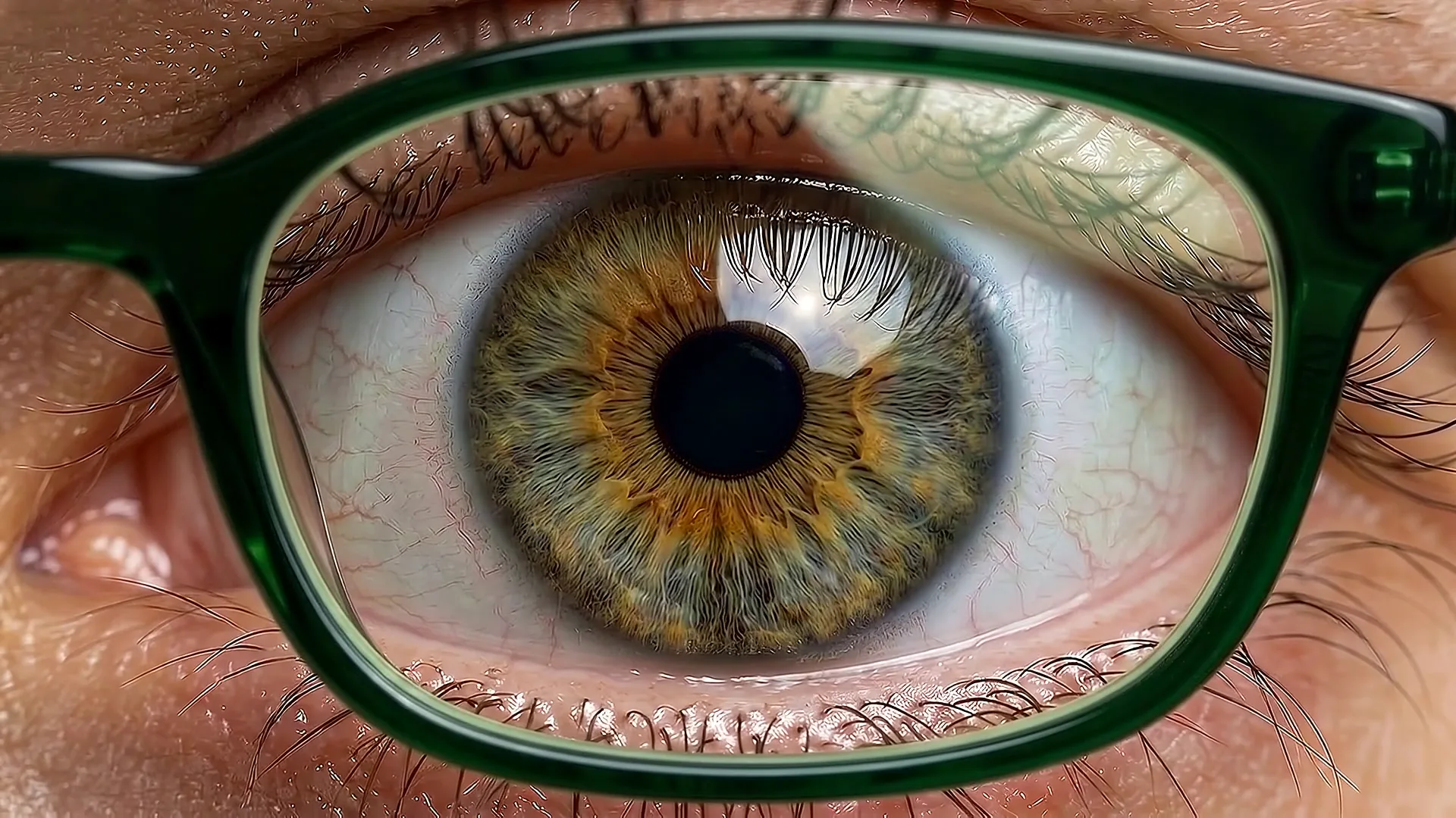 El mismo ojo, limpio, visto a través del aro verde de unos lentes